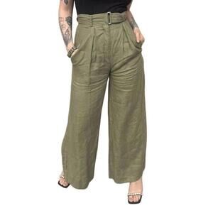 Matthew Bruch Olive Linen Wide Leg Trousers | High-Rise Pleated Belted Pants |